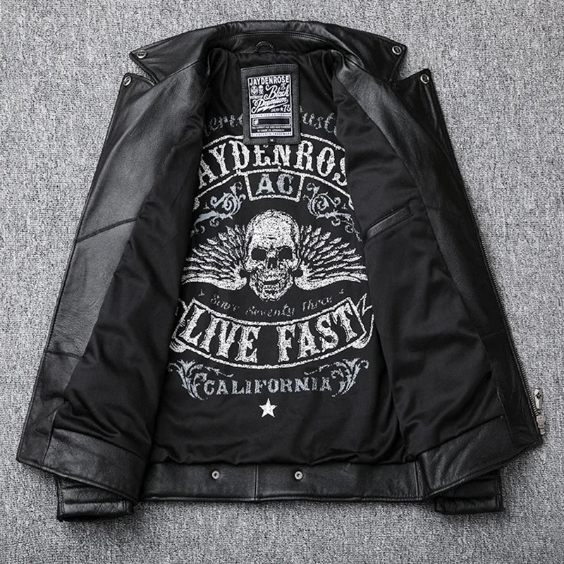COWHIDE BIKER - Men's 100% Genuine Cowhide Leather Biker Jacket - Black, M–5XL