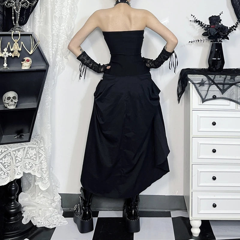 Goth Punk Lace-Up Long Skirt - Black Irregular A-Line with Rings