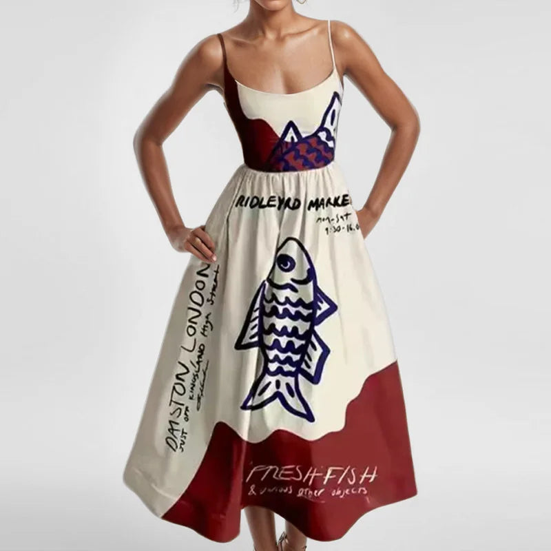 Retro Luxury Sardines Dress For Women Sexy Hand-Painted Printed Elegant Vest Summer 2025 Ladies Tight Chic Strap Long Dress