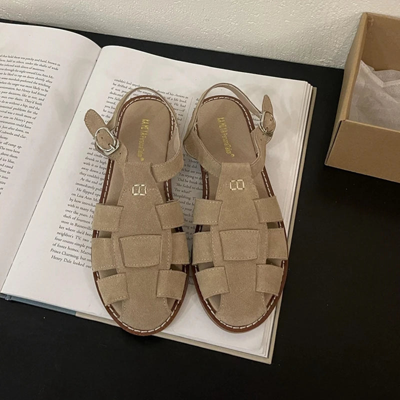 DIMANYU Women's Roman Sandals 2023 Summer New Flat Retro Real Leather Ladies Sandals Hollowed Women's Cage Shoes