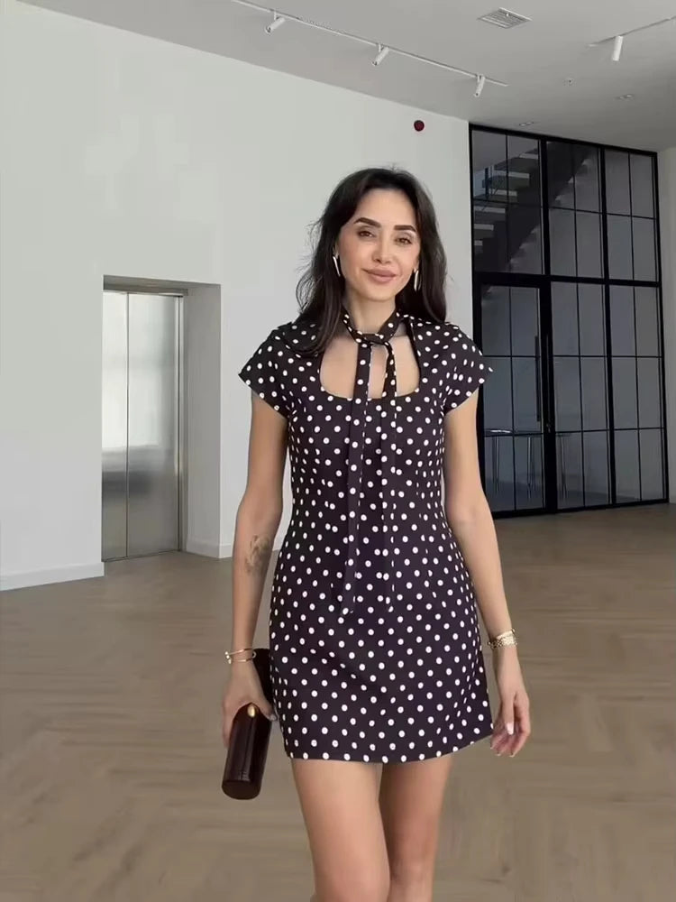 HH Summer Polka Dot Mini Dresses For Women Casual Short Sleeve Lace Up Collar Dress Sexy Lady Club Party Woman Evening Dress