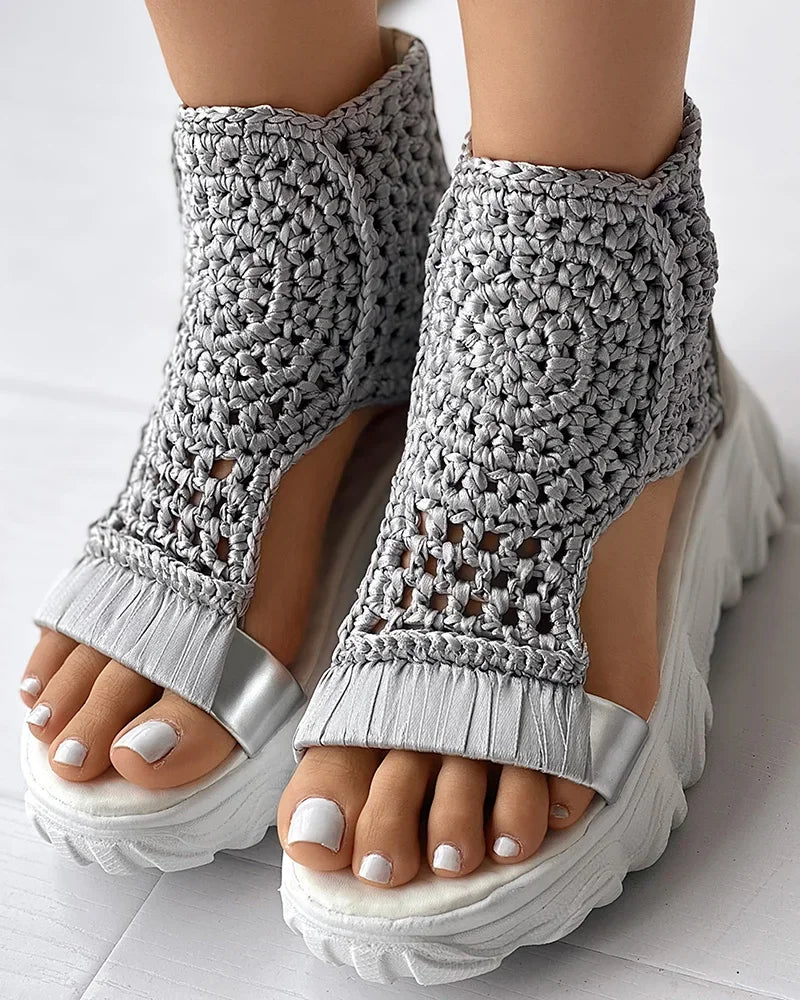Hot Seller Gold Knitted Sandals for Women Braided Elastic Summer Shoe Mesh Flat Bottom Hollow Out Female Sandals Sandalias Mujer