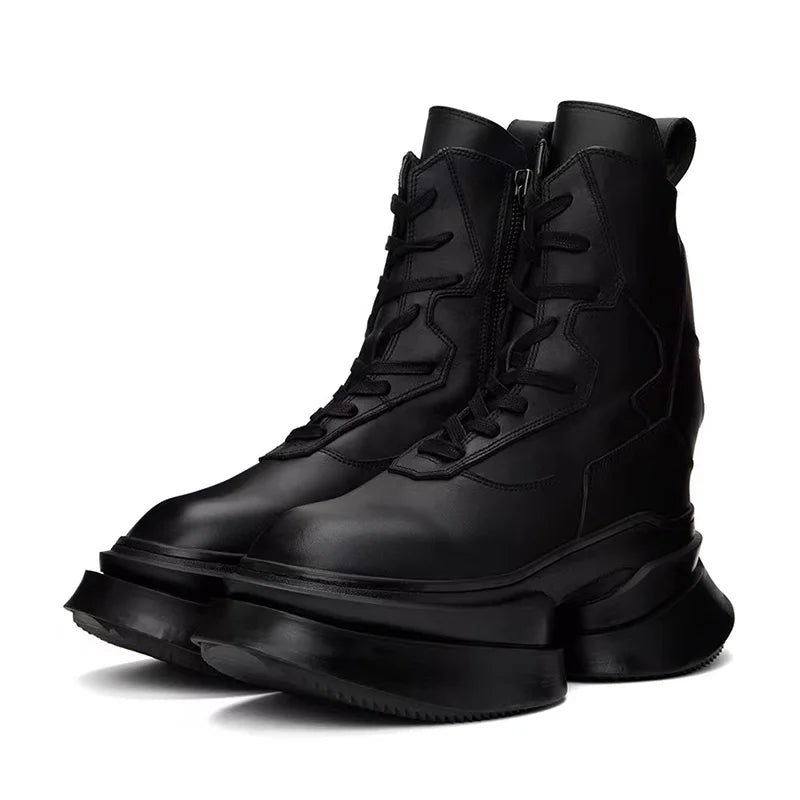 Street Fashion Motorcycle Ankle Boots - Genuine Leather Thick Sole High Heel Lace-Up