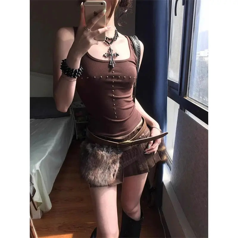 Brown Beading Vintage Clothing Y2k Tank Tops Women 2000s Clothes Fashion Sport Sleeveless T-shirt Slim Fitted Basic Tees