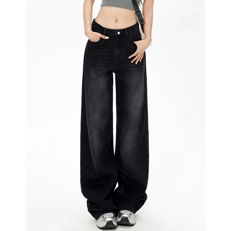 Retro High Waist Straight Leg Jeans - Washed Black Loose Fit