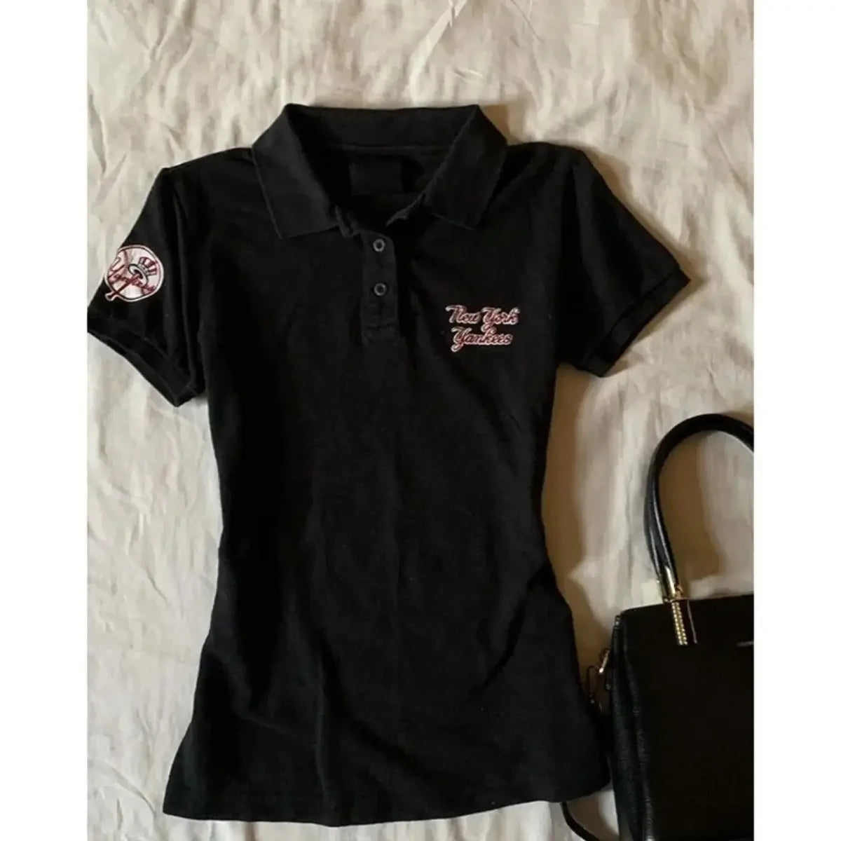 American retro vintage letter polo shirt patchwork short sleeved polo shirt women summer top trend shirts women streetwear