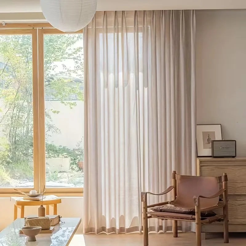 LINEN-LOOK SHEER CURTAINS - Soft 200gsm Voile Panel, 3 Headings - Hazy Light, Easy Mornings