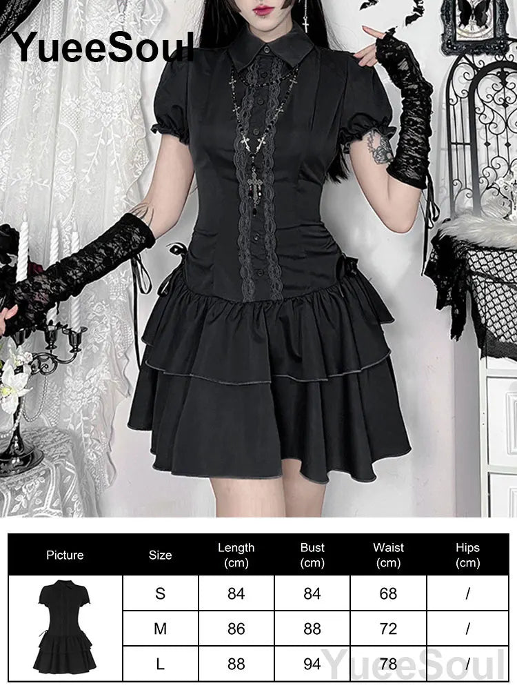 Grunge Gothic Women Dress Lace Trim High Waist Bodycon Mini Dress 2026 New E-girl Vintage Punk Harajuku Lolita Party Clothes