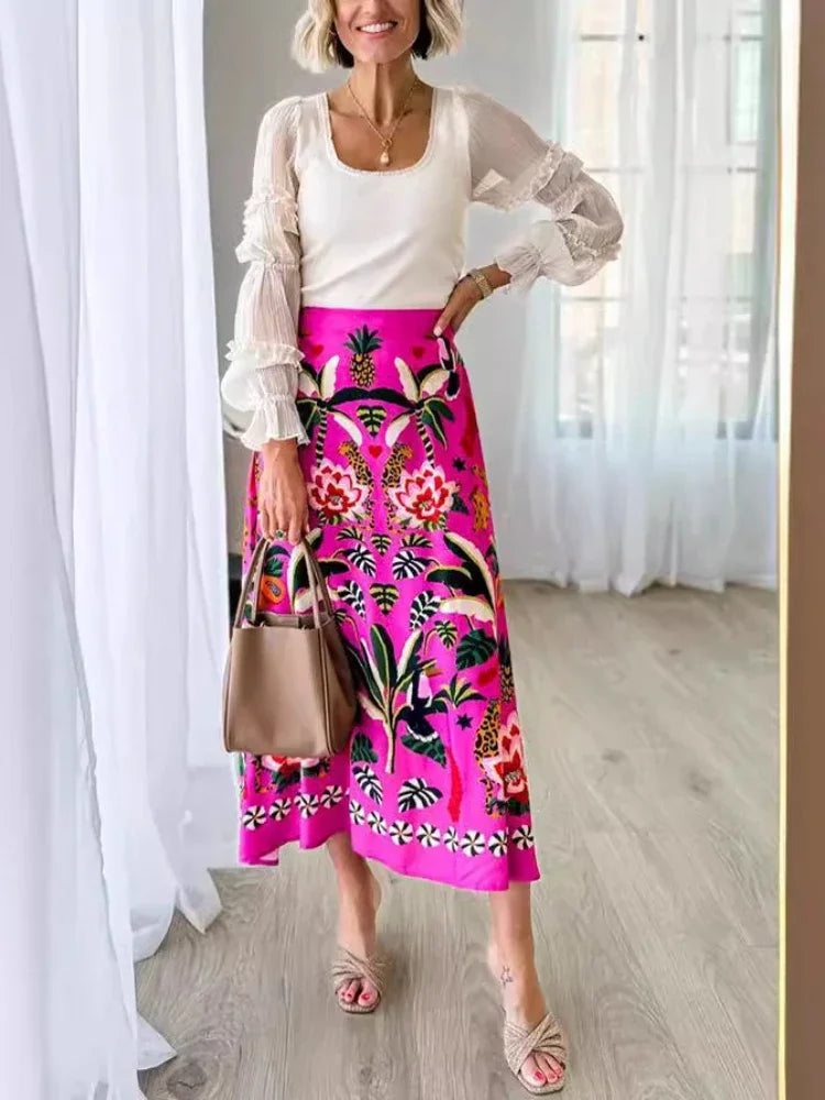 Tropical print midi skirt - retro style, street fashion