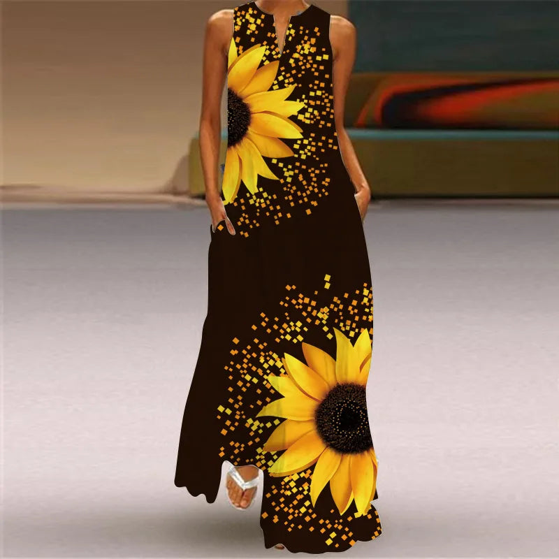 Print Floral Vintage Beach Maxi Dress For Women Summer Sleeveless V-neck Vestidos Female Elegant Party Long Floor-Length Dresses