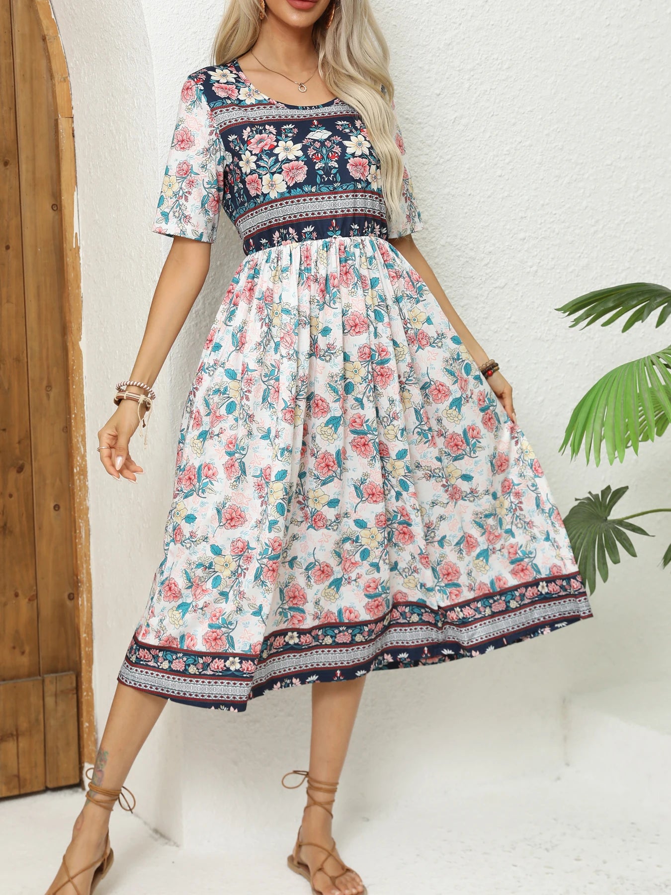 2024 Europe and America autumn ladies round neck short sleeve long skirt Bohemian print dress woman