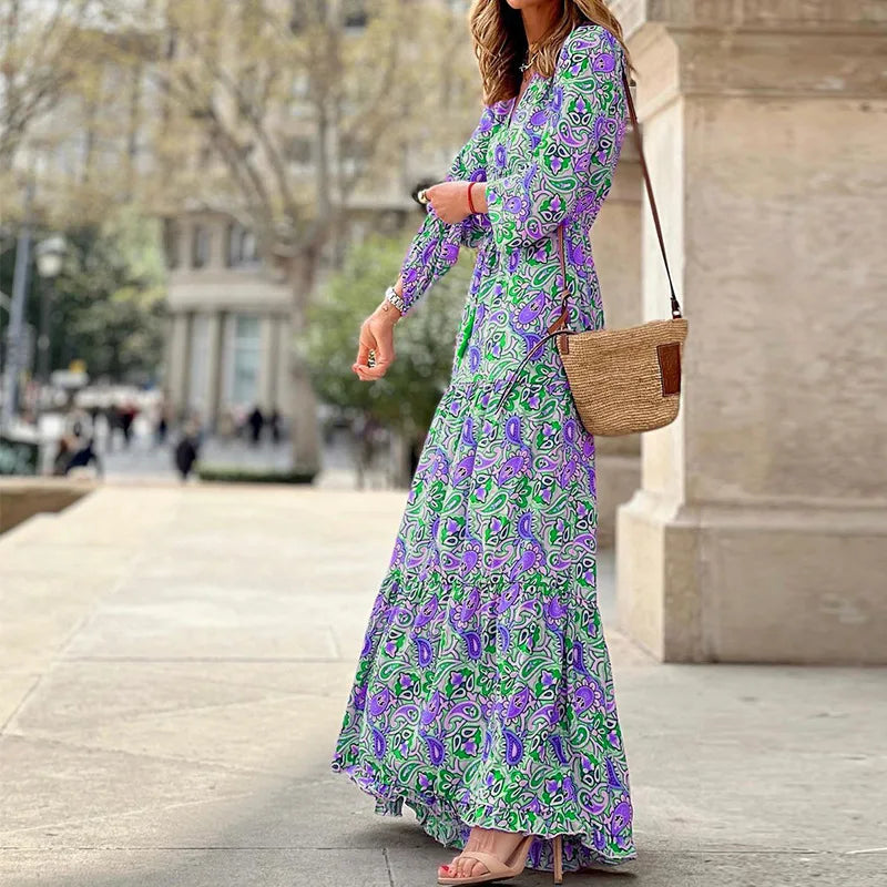 Damska letnia nowa modna sukienka w kwiaty z dekoltem w serek, z długim rękawem, z wysokim stanem, z gumką w pasie, średniej długości, w stylu boho