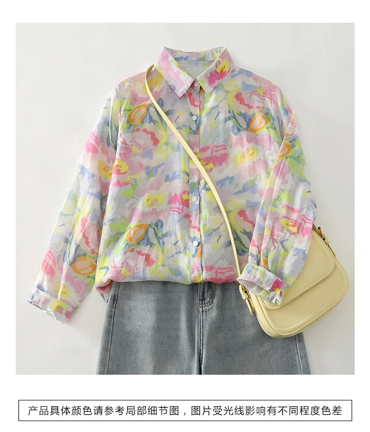 PRINTED LOOSE BLOUSE - Polo Neck, Full Sleeve, 15 Colors - Soft Season