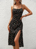 2024 Women's Floral Print Spaghetti Strap Summer Boho Beach Dress Print Elegant Suspenders Square Neck Slit Dress Vestidos