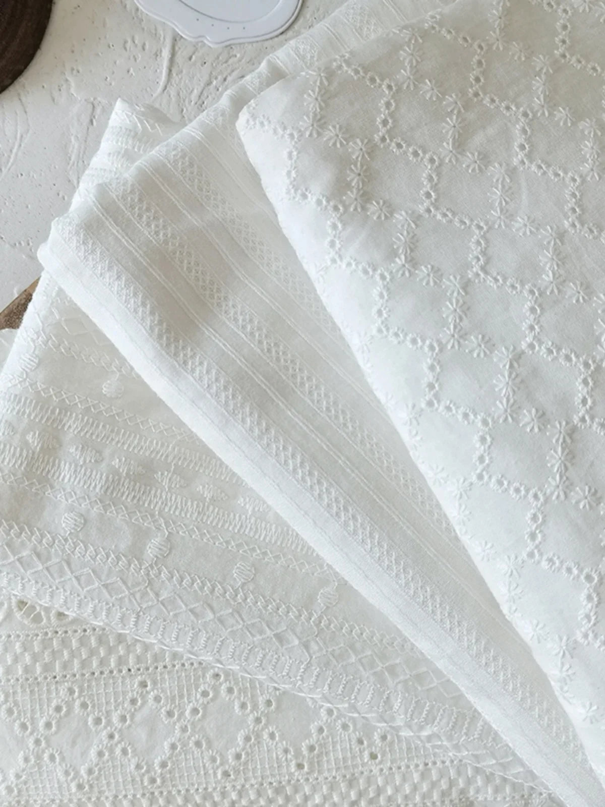 WHITE COTTON LACE FABRIC - Floral Embroidery, 130cm Wide - Elegant Sewing Cloth