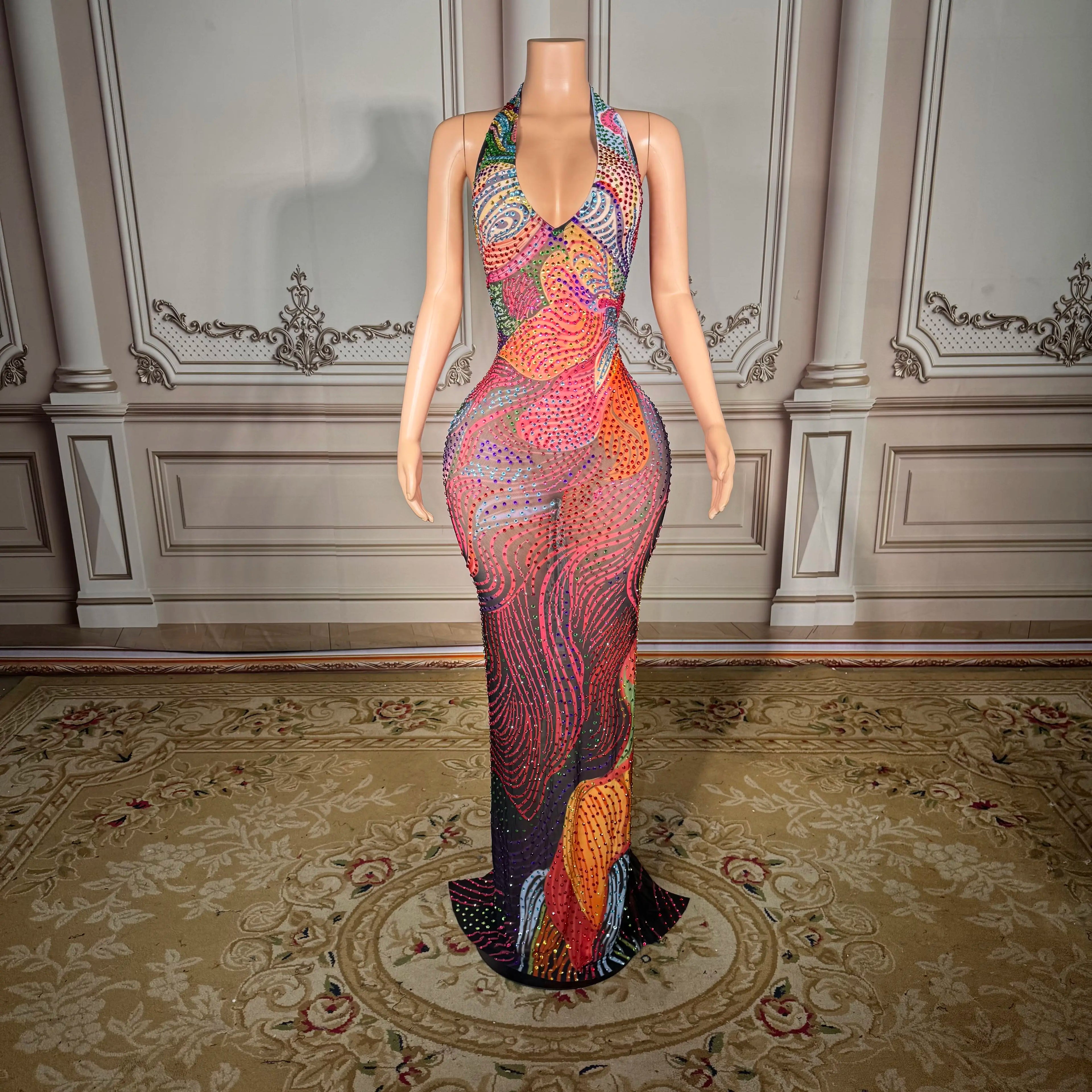 ZD ZD Plus Size Sexy Sheer Mesh Dress with Low Back & Colorful Rhinestones - Glamorous Nightclub & Party Gown for Women