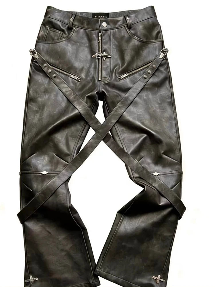 DARK MATTER - Men's Distressed Washed Faux Leather Pants - Punk Straight Trousers