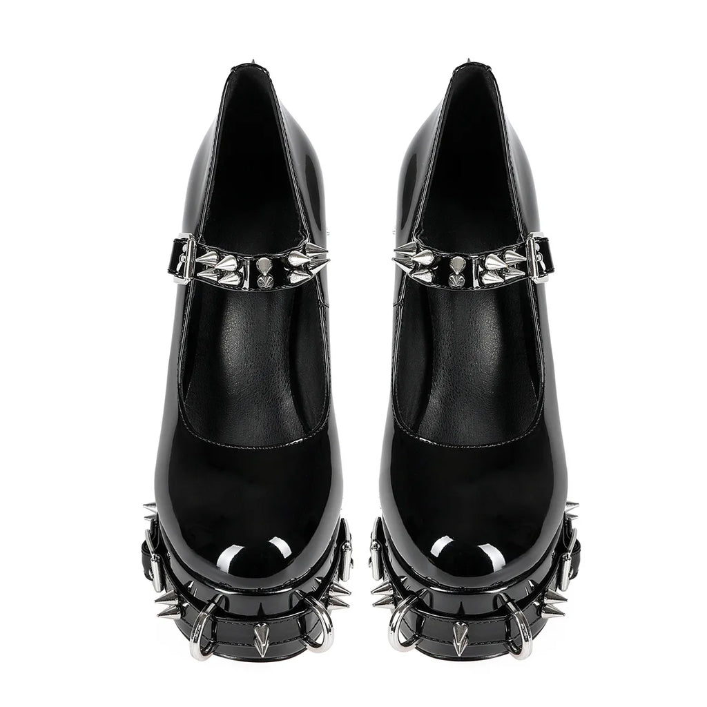Spring Summer Punk Metal Rivet Buckle Belt Rings Thick High Heels Shoes Women Gothic Cosplay Chunky Platform Pumps Large Size 45