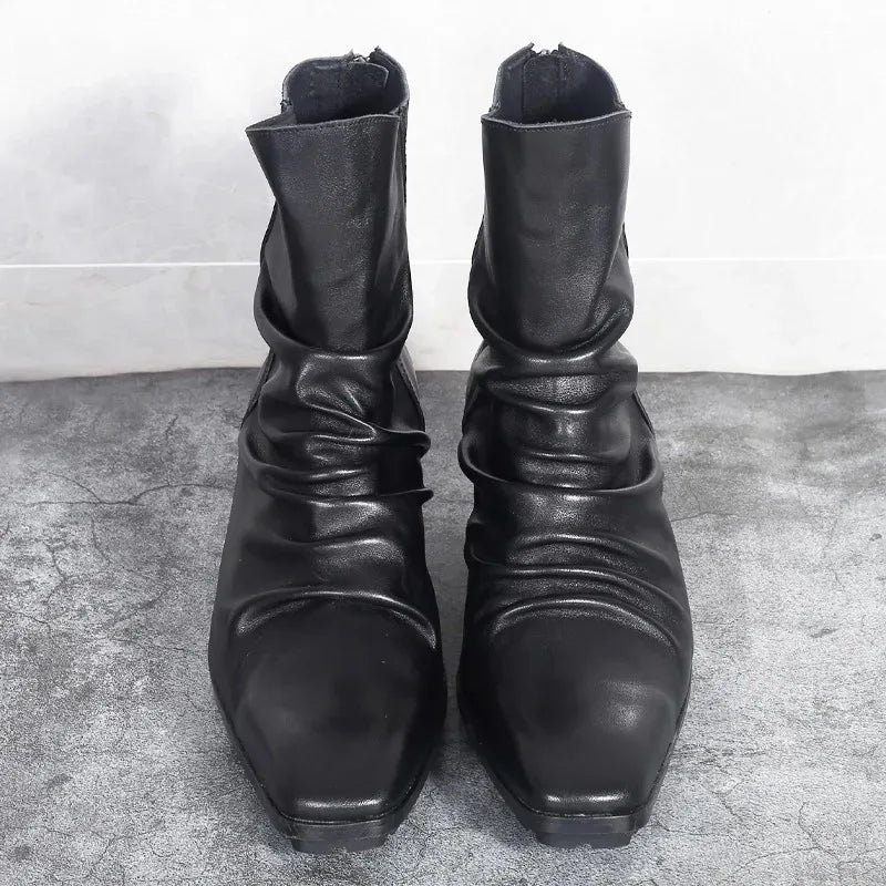 BRITISH HIGH HEEL CHELSEA BOOTS - Men's Handmade Genuine Leather Waterproof Ankle Boots Square Toe Zipper - Black