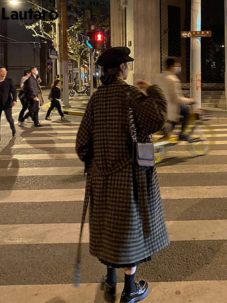 Plaid Woolen Coat – Long Double Breasted Loose Fit