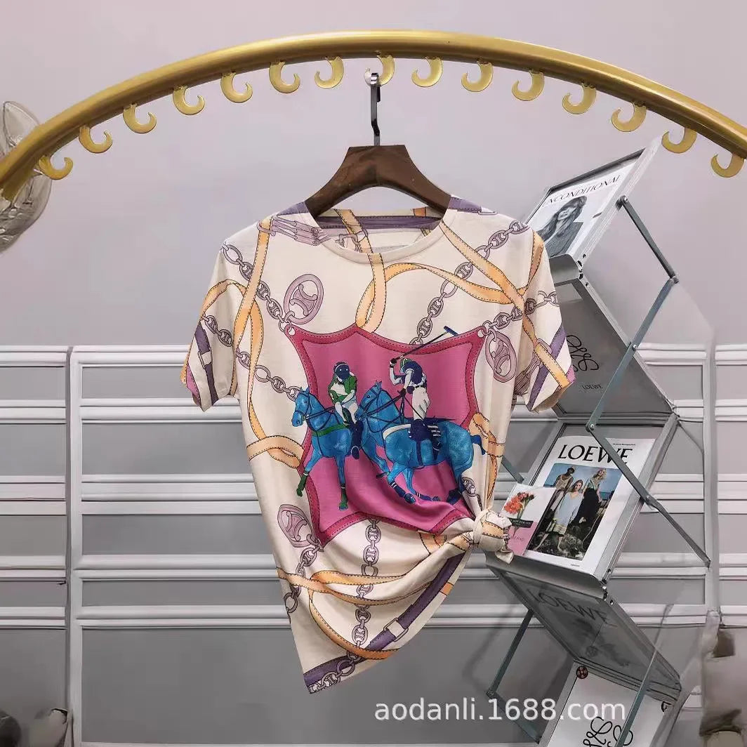 2025 Cartoon Printed T Shirts Women Clothes Vintage Style Casual Horse Pattern Female Short Sleeve Summer Tops Женская Одежда
