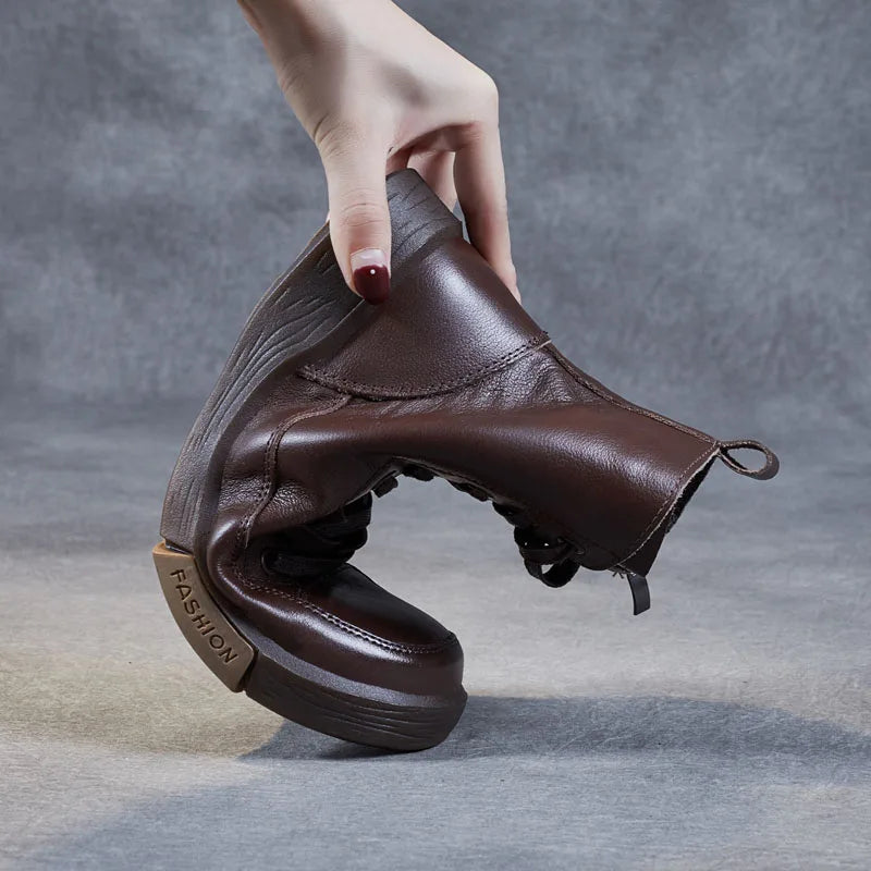 Genuine Leather Ankle Boots – Handmade Retro Lace-Up