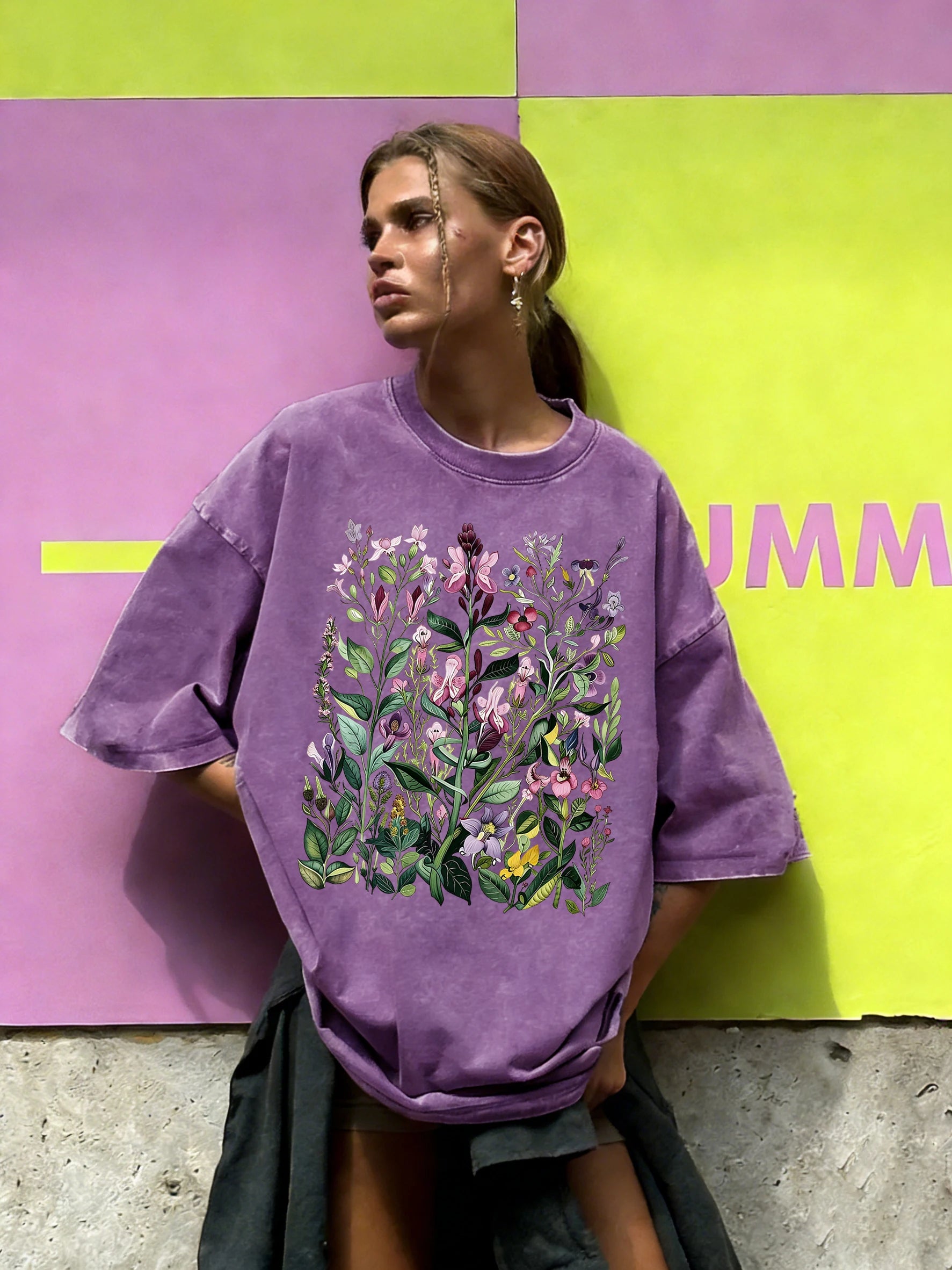 Having Different Beautiful Flowers Print Women Washed T Shirt Summer Loose T-Shirt Crewneck Cotton Clothes All-Match Streetwear
