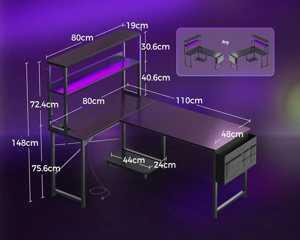 COLESHOME L-DESK - L-Shaped Gaming Desk 110x80cm LED + Plugs - Corner Taken. Game On.