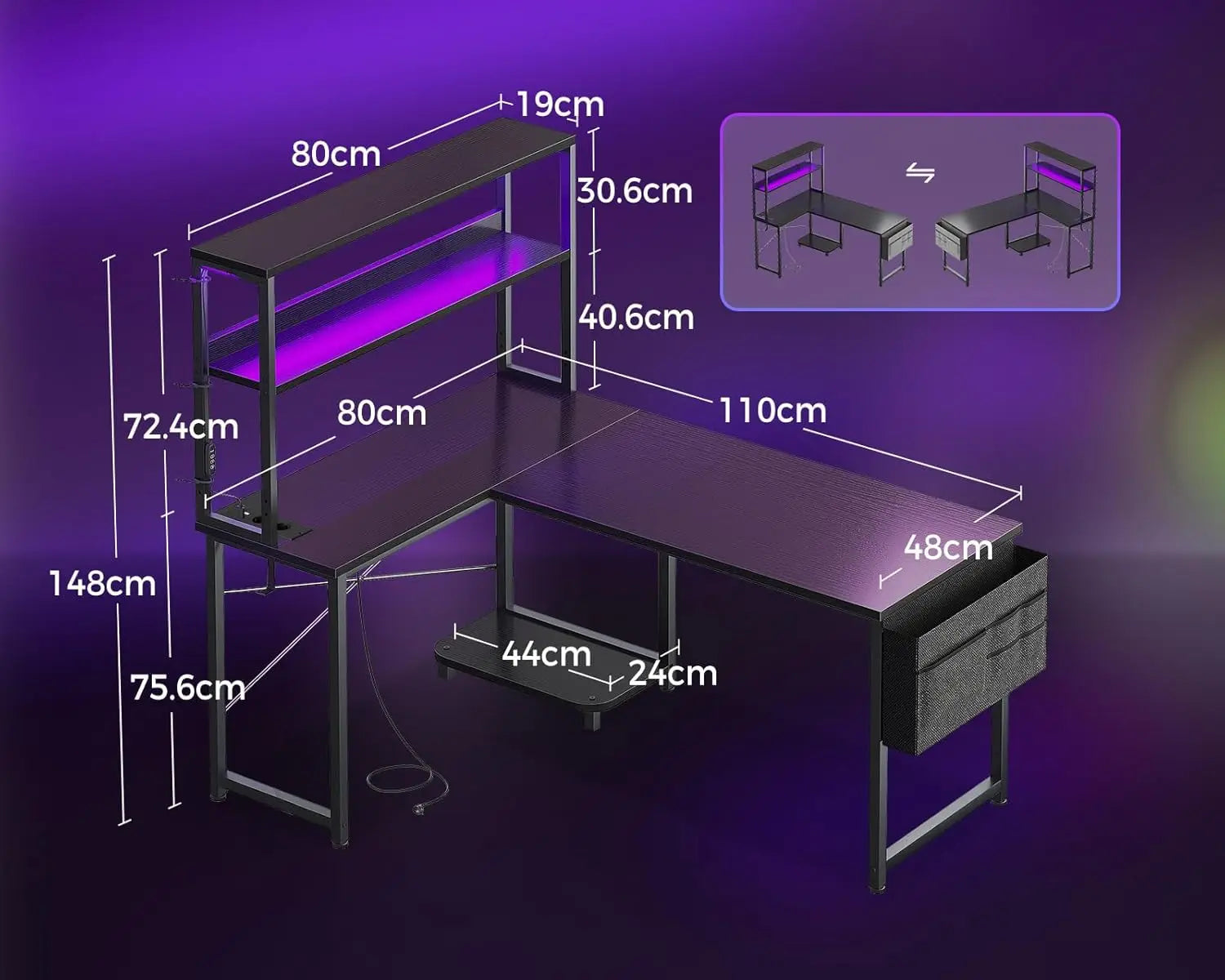 COLESHOME L-DESK - L-Shaped Gaming Desk 110x80cm LED + Plugs - Corner Taken. Game On.