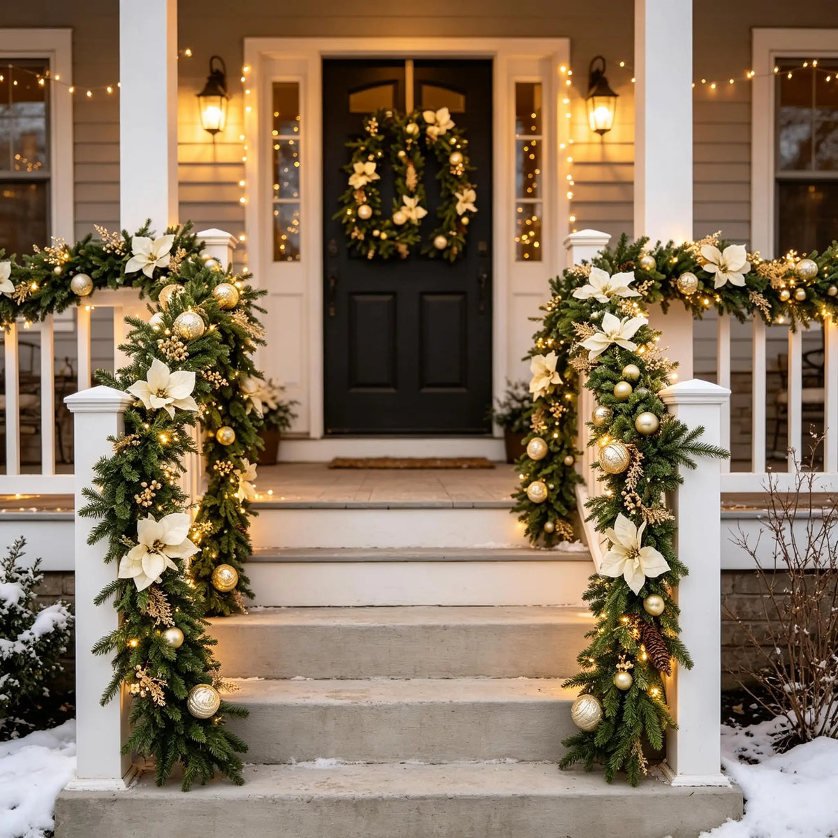 Christmas Garland - White Flowers & Gold Baubles - Festive Glow