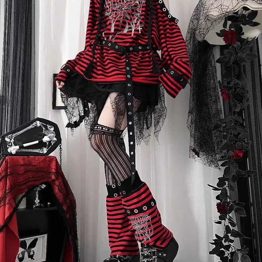 2025 New Harajuku Vintage Punk Black Blue Red Striped Tees Y2k Gothic Girls Off Shoulder Loose Butterfly Letter Long Sleeve Tops