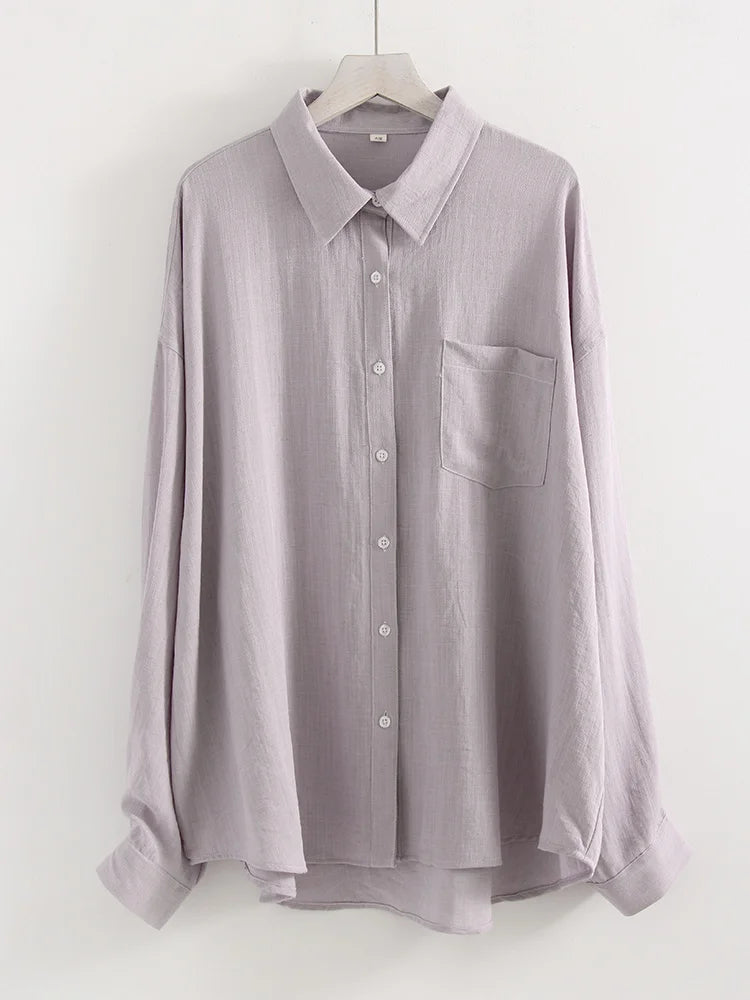 Streamgirl Summer White Linen Shirts For Women Oversized Long Sleeve Tops Lady Loose Basic Linen Tops Women Blue Shirts Oversize