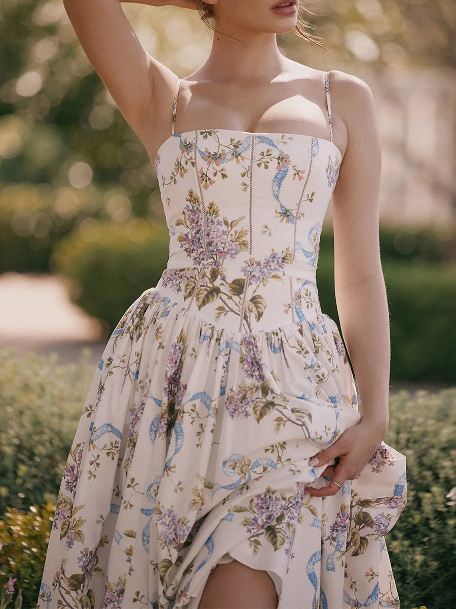 Sexy Floral Long Sun Dress Women's Hollow Out Sundress High Waist Suspenders Maxi Dresses Female 2025 Summer Yellow Festival New