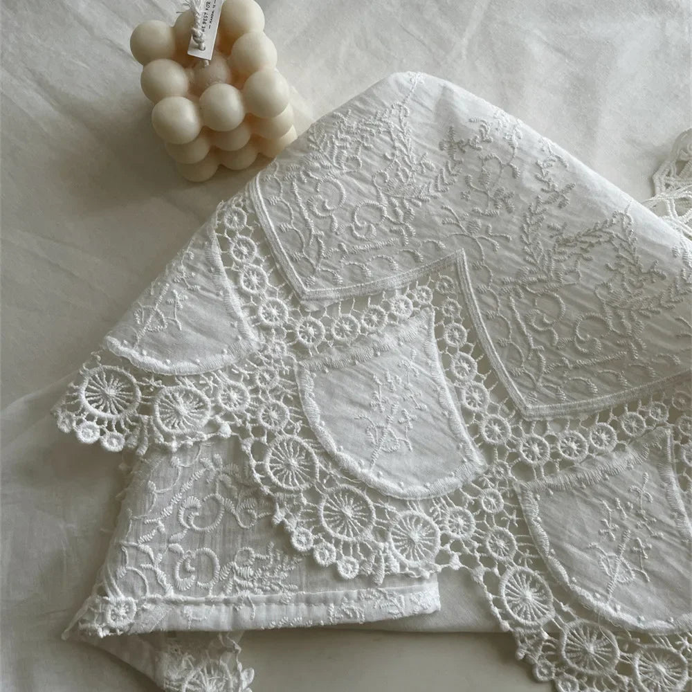 WHITE EMBROIDERED TABLECLOTH - 100% Cotton, Lace Detail - Elegant Tables