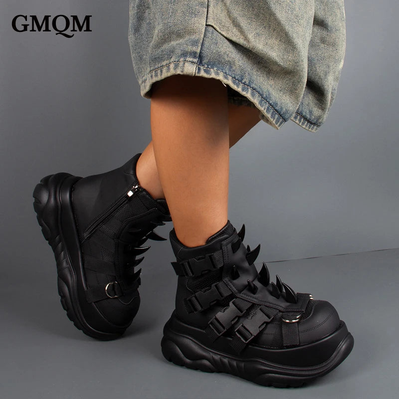Y2K Gothic Patent Ankle Boots – Metal Decor Platform