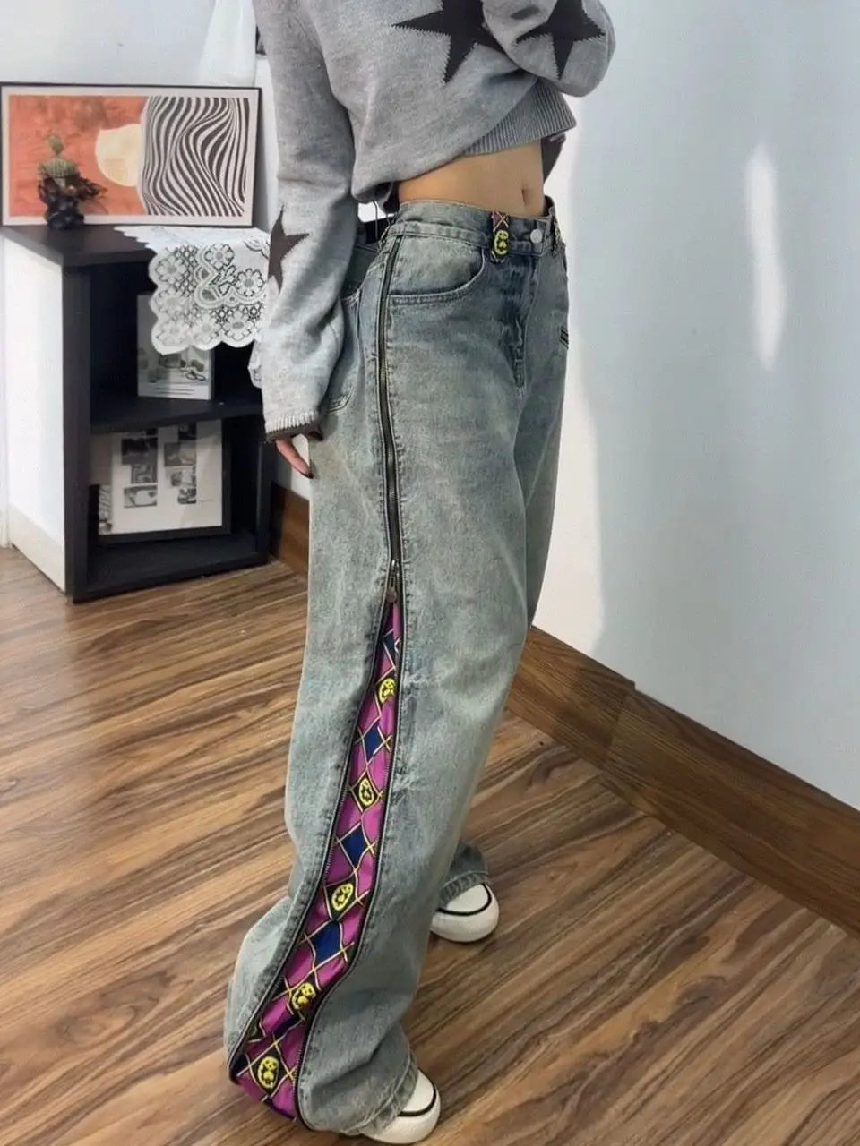 Retro Plaid Patchwork Straight Jeans - High Waist Baggy Vintage