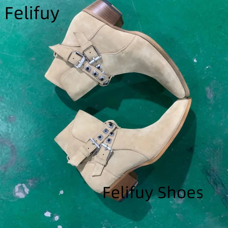 Rivet Chelsea Boots - Buckle Strap Handmade Genuine Leather British Style Pointed Toe