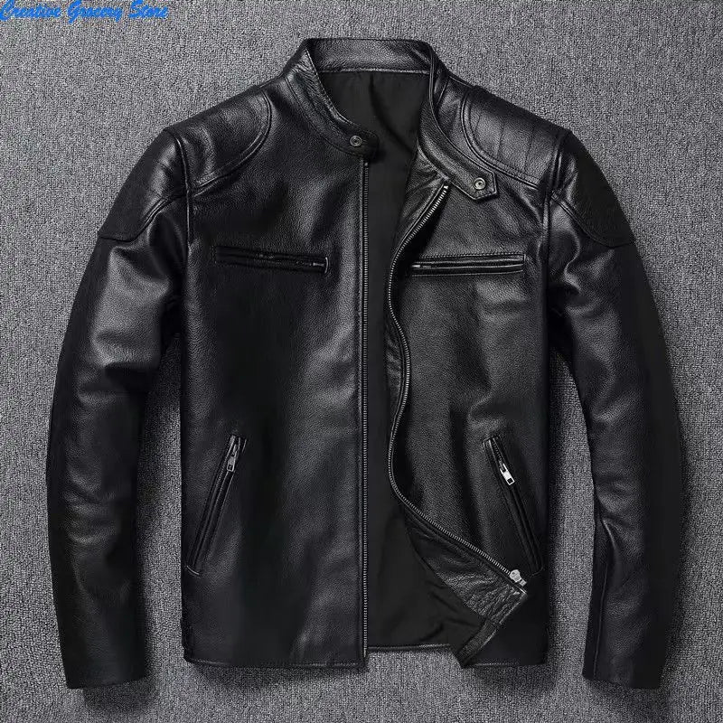 IRON HIDE - Men's Cowhide Leather Biker Jacket - Stand Collar, 4 Colors, M-XXXL
