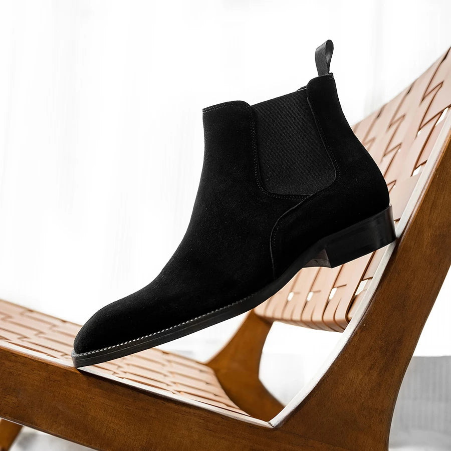 Men's Cow Suede Chelsea Boots - Square Toe Slip-On British Style Ankle Boots
