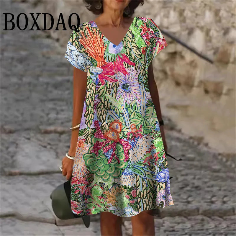 9XL Large Sizes Dress Women Sundress Casual V-Neck Short Sleeve Loose Dress Summer Retro Flowers Plant Print Dress Plus Size 8XL