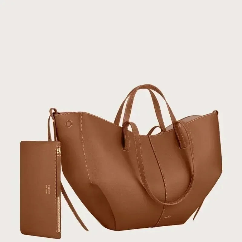 Luxury Cowhide Handbag for Women – Large Capacity Tote, Trendy Pleated Shoulder Bag for Work – Includes Wallet & Clutch