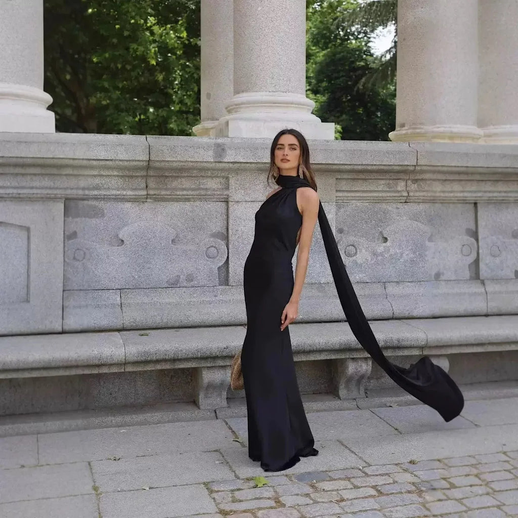 Satin Ribbon Halter Long Dresses Women's Backless Casual Maxi Dress Evening Wedding Guest White Blue Green Summer Graduation New