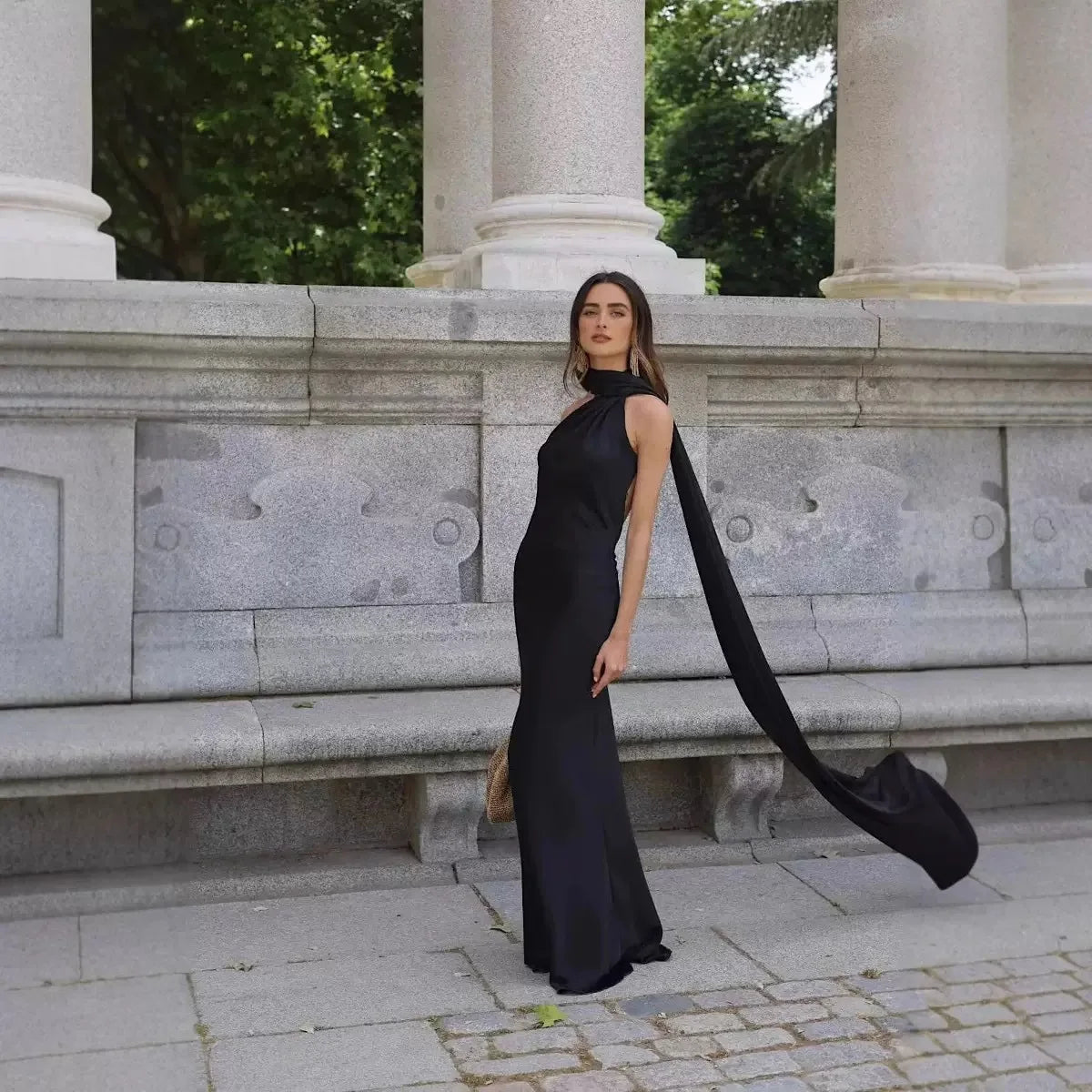 Satin Ribbon Halter Long Dresses Women's Backless Casual Maxi Dress Evening Wedding Guest White Blue Green Summer Graduation New