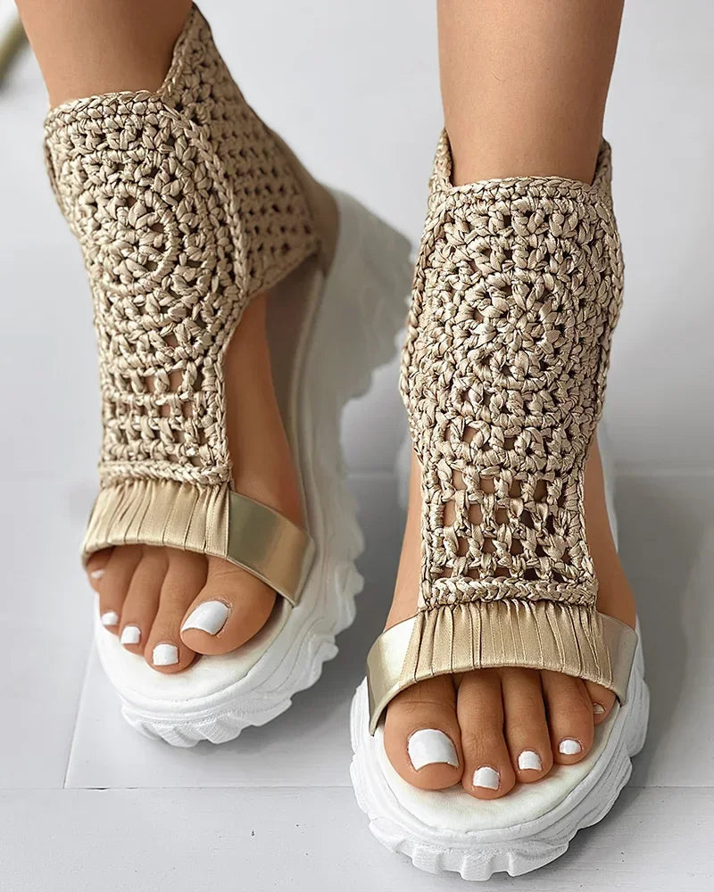 Hot Seller Gold Knitted Sandals for Women Braided Elastic Summer Shoe Mesh Flat Bottom Hollow Out Female Sandals Sandalias Mujer
