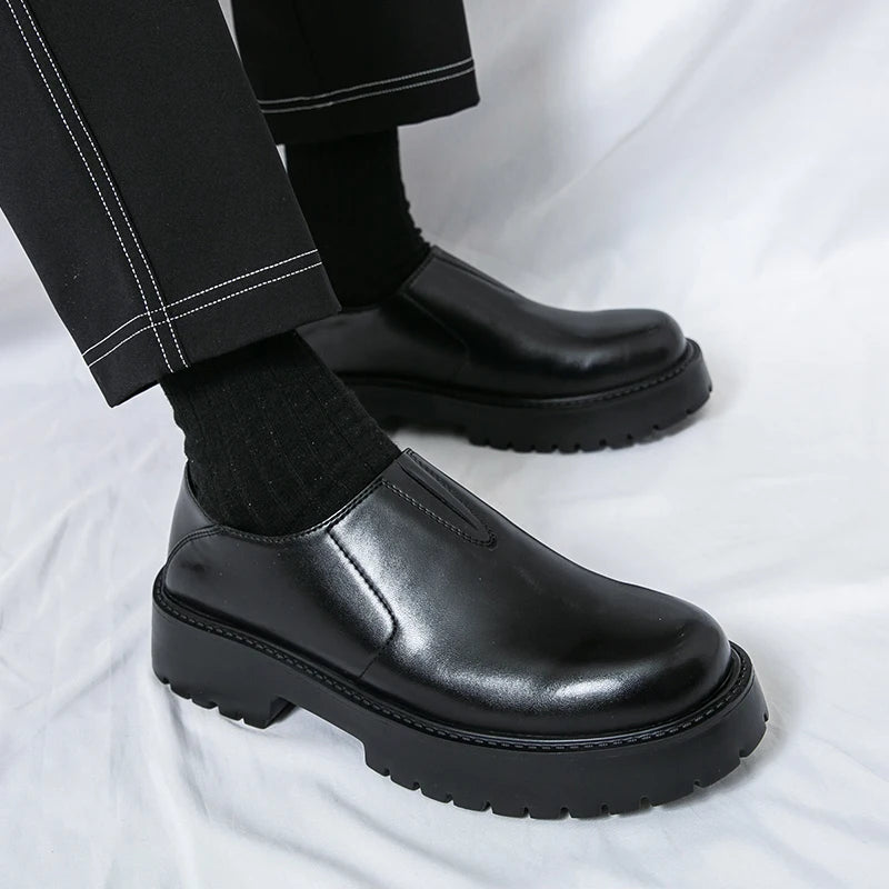 Men's Cowhide Loafers - Thick Sole Round Toe Breathable Casual Leather Shoes