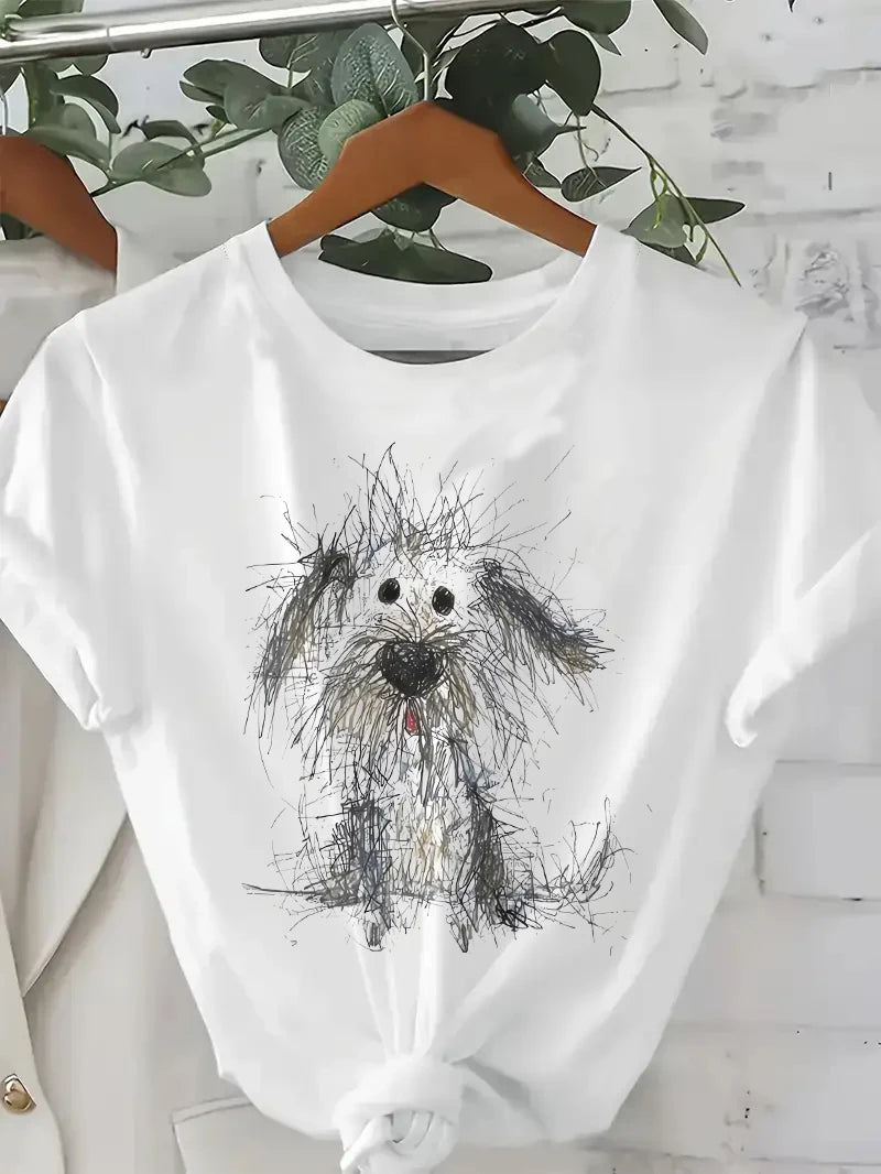 T Shirt 2025 Manga New in Creative Doodle Puppy Graphic Print Round Neck Summer T-shirt Girls Female