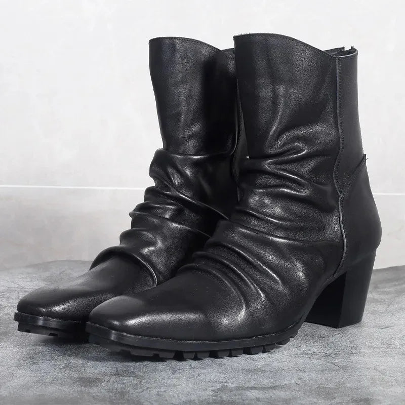 BRITISH HIGH HEEL CHELSEA BOOTS - Men's Handmade Genuine Leather Waterproof Ankle Boots Square Toe Zipper - Black