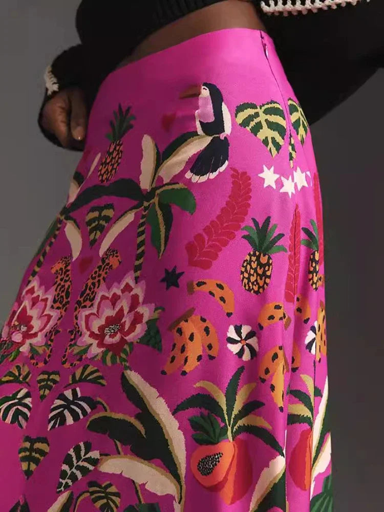 Tropical print midi skirt - retro style, street fashion