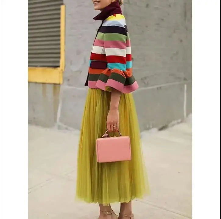 STRIPE STORY - Vintage Colorful Striped Jacket - Flared Sleeves, Lapel, Elegant