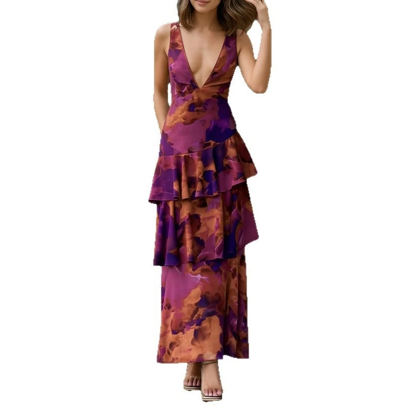 2026 Spring new women's clothing Cross-border European and American dresses Elegant plant-printed suspender cake dress